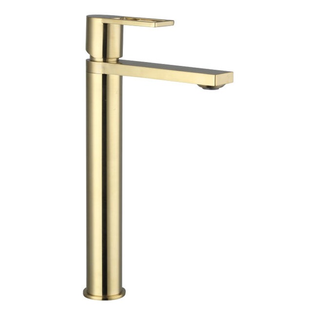 Смеситель Kub для умывальника высокий, с гибкой подводкой 40см, без донного клапана, матовое золото 54-023-brg